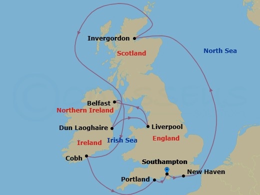 10 Night - Europe - British Isles - Norwegian Star - Starting in London (Southampton), United Kingdom, Edinburgh (Newhaven), Scotland, United Kingdom, Invergordon (Inverness), United Kingdom, Dublin / Dun Laoghaire, Ireland, Liverpool, England, United Kingdom, Belfast, Northern Ireland, United Kingdom, Cork / Cobh, Ireland, Portland UK, London (Southampton), United Kingdom itinerary map