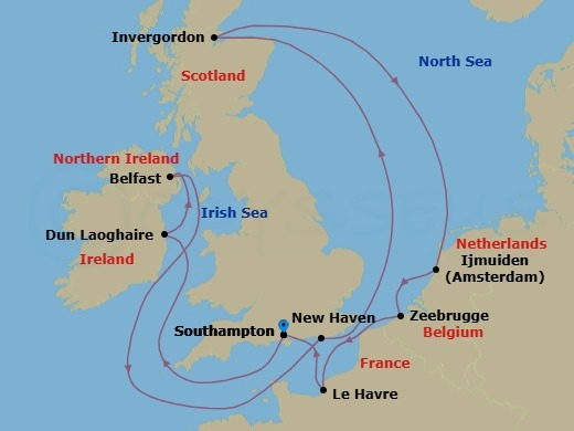 11 Night - Europe - British Isles - Norwegian Star - Starting in London (Southampton), United Kingdom, Dublin / Dun Laoghaire, Ireland, Belfast, Northern Ireland, United Kingdom, Edinburgh (Newhaven), Scotland, United Kingdom, Invergordon (Inverness), United Kingdom, Amsterdam / Ijmuiden, Netherlands, Zeebrugge / Brussels / Brugge, Belgium, Le Havre / Paris, France, London (Southampton), United Kingdom itinerary map