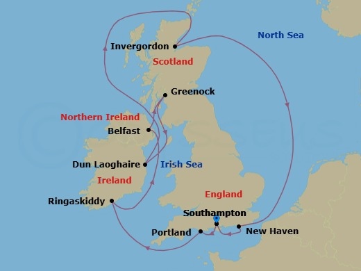 10 Night - Europe - British Isles - Norwegian Star - Starting in London (Southampton), United Kingdom, Portland UK, Ringaskiddy / Cork, Ireland, Belfast, Northern Ireland, United Kingdom, Glasgow (Greenock), Scotland, United Kingdom, Dublin / Dun Laoghaire, Ireland, Invergordon (Inverness), United Kingdom, Edinburgh (Newhaven), Scotland, United Kingdom, London (Southampton), United Kingdom itinerary map