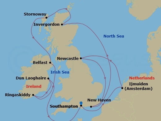 11 Night - Europe - British Isles - Norwegian Star - Starting in London (Southampton), United Kingdom, Amsterdam / Ijmuiden, Netherlands, Newcastle Upon Tyne, United Kingdom, Edinburgh (Newhaven), Scotland, United Kingdom, Invergordon (Inverness), United Kingdom, Stornoway, Scotland, United Kingdom, Belfast, Northern Ireland, United Kingdom, Ringaskiddy / Cork, Ireland, Dublin / Dun Laoghaire, Ireland, London (Southampton), United Kingdom itinerary map