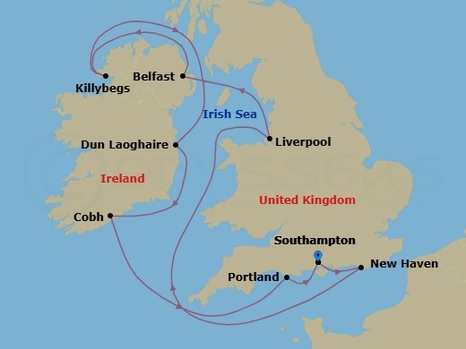 10 Night - Europe - British Isles - Norwegian Star - Starting in London (Southampton), United Kingdom, Edinburgh (Newhaven), Scotland, United Kingdom, Liverpool, England, United Kingdom, Belfast, Northern Ireland, United Kingdom, Killybegs, Ireland, Dublin / Dun Laoghaire, Ireland, Cork / Cobh, Ireland, Portland UK, London (Southampton), United Kingdom itinerary map