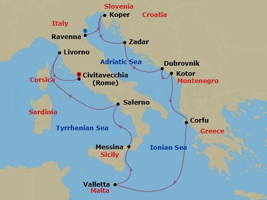 10 Night - Eastern Mediterranean - Norwegian Dawn - Starting in Venice (Ravenna), Italy, Koper, Slovenia, Zadar, Croatia, Dubrovnik, Croatia, Kotor, Montenegro, Corfu, Greece, Valletta, Malta, Messina, Italy, Amalfi Coast (Salerno), Italy, Livorno / Florence / Pisa, Italy, Civitavecchia Rome, Italy itinerary map