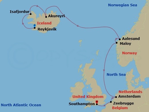 10 Night - Europe - Iceland - Norwegian Getaway - Starting in Reykjavik, Iceland, Isafjordur, Iceland, Akureyri, Iceland, Alesund, Norway, Maloy, Norway, Amsterdam, Netherlands, Zeebrugge / Brussels / Brugge, Belgium, London (Southampton), United Kingdom itinerary map