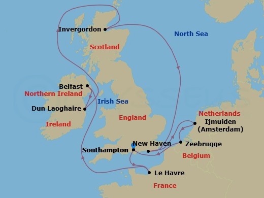 11 Night - Europe - British Isles - Norwegian Star - Starting in London (Southampton), United Kingdom, Le Havre / Paris, France, Belfast, Northern Ireland, United Kingdom, Dublin / Dun Laoghaire, Ireland, Invergordon (Inverness), United Kingdom, Edinburgh (Newhaven), Scotland, United Kingdom, Amsterdam / Ijmuiden, Netherlands, Zeebrugge / Brussels / Brugge, Belgium, London (Southampton), United Kingdom itinerary map