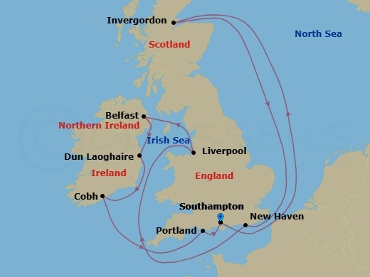 10 Night - Europe - British Isles - Norwegian Star - Starting in London (Southampton), United Kingdom, Invergordon (Inverness), United Kingdom, Edinburgh (Newhaven), Scotland, United Kingdom, Liverpool, England, United Kingdom, Belfast, Northern Ireland, United Kingdom, Dublin / Dun Laoghaire, Ireland, Cork / Cobh, Ireland, Portland UK, London (Southampton), United Kingdom itinerary map