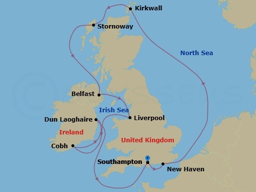 10 Night - Europe - British Isles - Norwegian Star - Starting in London (Southampton), United Kingdom, Edinburgh (Newhaven), Scotland, United Kingdom, Kirkwall, Scotland, Stornoway, Scotland, United Kingdom, Belfast, Northern Ireland, United Kingdom, Liverpool, England, United Kingdom, Cork / Cobh, Ireland, Dublin / Dun Laoghaire, Ireland, London (Southampton), United Kingdom itinerary map