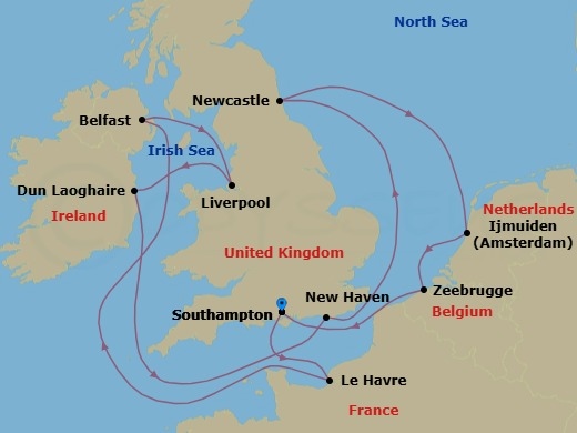 11 Night - Europe - British Isles - Norwegian Star - Starting in London (Southampton), United Kingdom, Le Havre / Paris, France, Belfast, Northern Ireland, United Kingdom, Liverpool, England, United Kingdom, Dublin / Dun Laoghaire, Ireland, Edinburgh (Newhaven), Scotland, United Kingdom, Newcastle Upon Tyne, United Kingdom, Amsterdam / Ijmuiden, Netherlands, Zeebrugge / Brussels / Brugge, Belgium, London (Southampton), United Kingdom itinerary map
