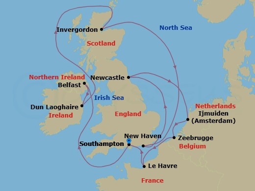 11 Night - Europe - British Isles - Norwegian Star - Starting in London (Southampton), United Kingdom, Belfast, Northern Ireland, United Kingdom, Dublin / Dun Laoghaire, Ireland, Invergordon (Inverness), United Kingdom, Edinburgh (Newhaven), Scotland, United Kingdom, Newcastle Upon Tyne, United Kingdom, Amsterdam / Ijmuiden, Netherlands, Zeebrugge / Brussels / Brugge, Belgium, Le Havre / Paris, France, London (Southampton), United Kingdom itinerary map