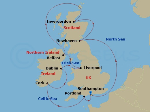 10 Night - Europe - British Isles - Norwegian Star - Starting in London (Southampton), United Kingdom, Edinburgh (Newhaven), Scotland, United Kingdom, Invergordon (Inverness), United Kingdom, Belfast, Northern Ireland, United Kingdom, Liverpool, England, United Kingdom, Dublin / Dun Laoghaire, Ireland, Cork / Cobh, Ireland, Portland UK, London (Southampton), United Kingdom itinerary map