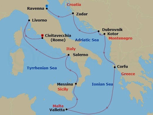 10 Night - Eastern Mediterranean - Norwegian Dawn - Starting in Venice (Ravenna), Italy, Zadar, Croatia, Dubrovnik, Croatia, Kotor, Montenegro, Corfu, Greece, Valletta, Malta, Messina, Italy, Amalfi Coast (Salerno), Italy, Livorno / Florence / Pisa, Italy, Civitavecchia Rome, Italy itinerary map