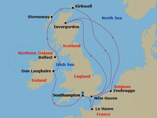 11 Night - Europe - British Isles - Norwegian Star - Starting in London (Southampton), United Kingdom, Dublin / Dun Laoghaire, Ireland, Belfast, Northern Ireland, United Kingdom, Stornoway, Scotland, United Kingdom, Kirkwall, Scotland, Edinburgh (Newhaven), Scotland, United Kingdom, Invergordon (Inverness), United Kingdom, Zeebrugge / Brussels / Brugge, Belgium, Le Havre / Paris, France, London (Southampton), United Kingdom itinerary map