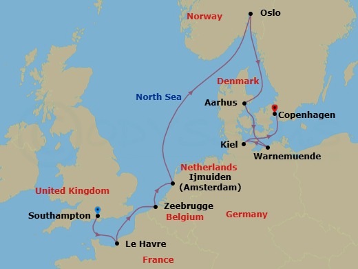 10 Night - Europe - Norwegian Star - Starting in London (Southampton), United Kingdom, Le Havre / Paris, France, Zeebrugge / Brussels / Brugge, Belgium, Amsterdam / Ijmuiden, Netherlands, Oslo, Norway, Aarhus, Denmark, Warnemunde / Berlin, Germany, Hamburg (Kiel), Germany, Copenhagen, Denmark itinerary map