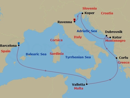 7 Night - Europe - Classic Mediterranean - Norwegian Pearl - Starting in Barcelona, Spain, Valletta, Malta, Corfu, Greece, Dubrovnik, Croatia, Kotor, Montenegro, Koper, Slovenia, Venice (Ravenna), Italy itinerary map