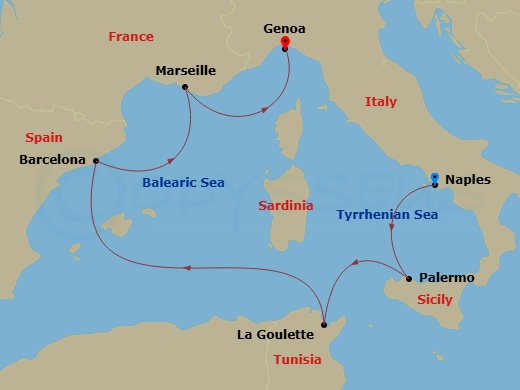 6 Night - Mediterranean - MSC Euribia - Starting in Naples (Pompeii), Italy, Palermo (Monreale), Italy, La Goulette, Tunisia, Barcelona, Spain, Marseille (Provence), France, Genoa (Portofino), Italy itinerary map