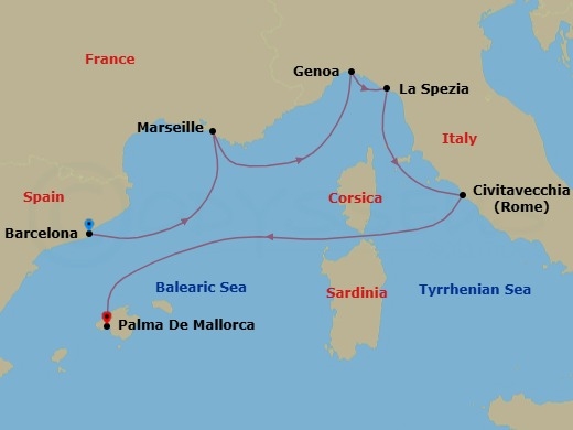 6 Night - Mediterranean - MSC World Europa - Starting in Barcelona, Spain, Marseille (Provence), France, Genoa (Portofino), Italy, La Spezia (Cinque Terre), Italy, Civitavecchia (Rome), Italy, Palma De Mallorca (Balearic Islands), Spain itinerary map