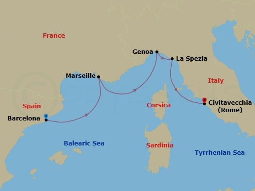 4 Night - Mediterranean - MSC World Europa - Starting in Barcelona, Spain, Marseille (Provence), France, Genoa (Portofino), Italy, La Spezia (Cinque Terre), Italy, Civitavecchia (Rome), Italy itinerary map