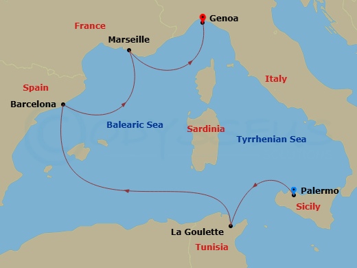 5 Night - Mediterranean - MSC Euribia - Starting in Palermo (Monreale), Italy, La Goulette, Tunisia, Barcelona, Spain, Marseille (Provence), France, Genoa (Portofino), Italy itinerary map