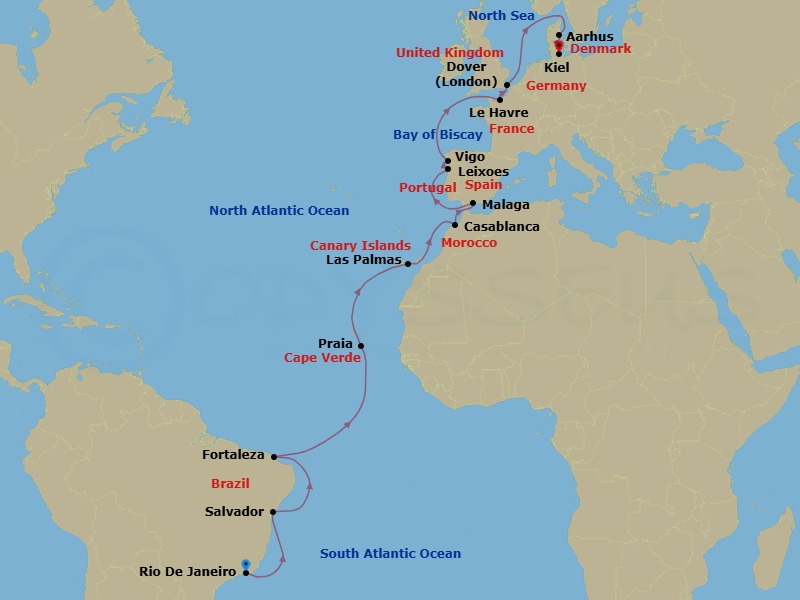 25 Night - Southern Europe from Rio De Janeiro to Kiel - Costa Diadema - Starting in Rio De Janeiro, Salvador Bahia, Fortaleza, Praia, Las Palmas (Gran Canaria), Casablanca, Malaga, Leixoes (Porto), Vigo, Le Havre, Dover UK (London), Aarhus, Kiel itinerary map
