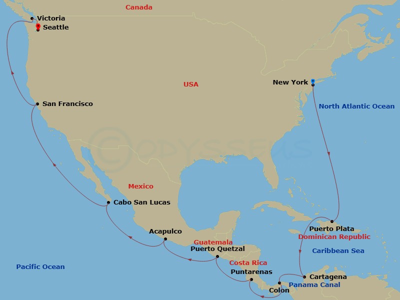 22 Night - Repo - Panama Canal - Norwegian Bliss - Starting in New York City, Ny, Puerto Plata, Dominican Republic, Cartagena CO, Colon, Panama, Transit Panama Canal / At Sea, Puerto Caldera / Puntarenas, Costa Rica, Puerto Quetzal, Guatemala, Acapulco, Mexico, Cabo San Lucas, Mexico, San Francisco, Ca, Victoria CA, Canada, Seattle, Wa itinerary map