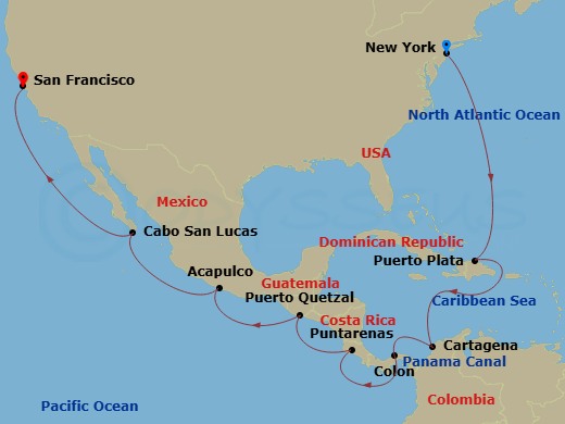 19 Night - Repo - Panama Canal - Norwegian Bliss - Starting in New York City, Ny, Puerto Plata, Dominican Republic, Cartagena CO, Colon, Panama, Transit Panama Canal / At Sea, Puerto Caldera / Puntarenas, Costa Rica, Puerto Quetzal, Guatemala, Acapulco, Mexico, Cabo San Lucas, Mexico, San Francisco, Ca itinerary map