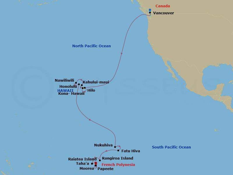 24 Night - Hawaii from Vancouver to Papeete - Silver Whisper - Starting in Vancouver, Hilo, Kailua Kona, Kahului, Nawiliwili, Honolulu, Nuku Hiva, Fatu Hiva, Rangiroa, Raiatea, Motu Tahaa, Raiatea, Papeete, Moorea Island, Papeete itinerary map