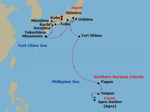 14 Night - Apra to Kobe - Silver Cloud - Starting in Apra, Saipan, Pagan, Torishima Island Cruising, Shimizu, Motomachi, Oshima Island, Toba, Miyanoura / Yakushima, Uwajima, Miyajima Island, Kochi, Kobe itinerary map
