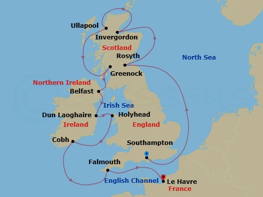 11 Night - Cultivated Culture - Oceania Insignia - Starting in London (Southampton), Edinburgh (Rosyth), Invergordon, United Kingdom, Ullapool, Glasgow (Greenock), Belfast, Dublin (Dun Laoghaire), Holyhead, Cork (Cobh), Falmouth (Cornwall), Paris (Le Havre) itinerary map