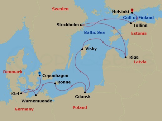10 Night - Odin's Odyssey - Oceania Insignia - Starting in Copenhagen, Kiel, Berlin (Warnemunde), Ronne (Bornholm), Gdansk, Visby, Sweden, Riga, Stockholm, Tallinn, Helsinki itinerary map
