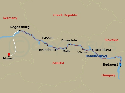 9 Night - Danube Delights & Oktoberfest - Emerald Astra - Starting in Budapest, Bratislava, Vienna, Durnstein, Passau, Regensburg, Regensburg / Munich, Munich itinerary map