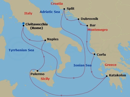 10 Night - Italy, Greece & Croatia Cruise - Celebrity Ascent - Starting in Rome (Civitavecchia), Italy, Split, Croatia, Dubrovnik, Croatia, Montenegro, Corfu, Greece, Olympia (Katakolon), Greece, Sicily (Palermo), Italy, Naples, Italy, Rome (Civitavecchia), Italy itinerary map