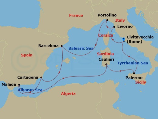 11 Night - Italy & Spain Solar Eclipse - Celebrity Ascent - Starting in Rome (Civitavecchia), Italy, Florence / Pisa (Livorno), Italy, Portofino, Italy, Barcelona, Spain, Cartagena ES, Malaga, Spain, Cagliari, Sardinia, Italy, Sicily (Palermo), Italy, Rome (Civitavecchia), Italy itinerary map