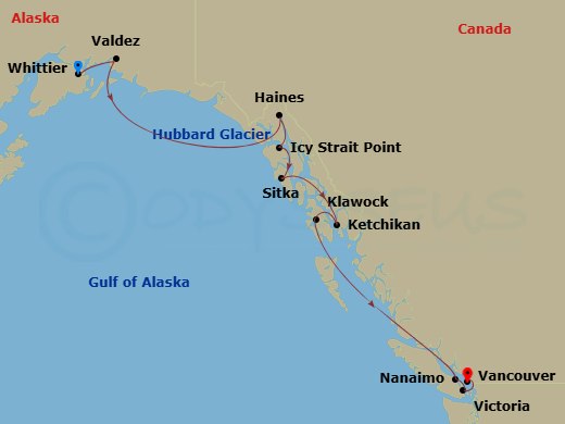 11 Night - Alaska Cruise : Hubbard Glacier, Icy Strait & Ketchikan - Azamara Pursuit - Starting in Whittier, Alaska, Valdez, Alaska, Cruise Hubbard Glacier, Haines, Alaska, Icy Strait Point, Alaska, Sitka, Alaska, Ketchikan, Alaska, Klawock, Alaska, Nanaimo, British Columbia, Victoria CA, Canada, Vancouver, British Columbia itinerary map