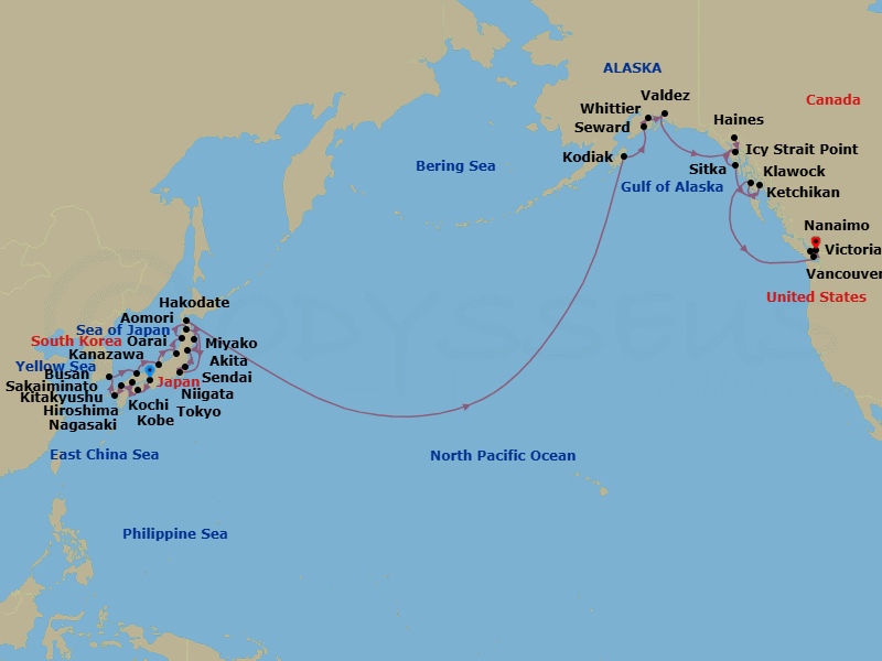 39 Night - Kobe to Vancouver Transpacific Grand Voyage - Azamara Pursuit - Starting in Kobe, Kochi, Hiroshima, Kitakyushu, Nagasaki, Busan, Sakaiminato, Kanazawa, Niigata, Akita, Aomori, Tokyo, Oarai, Sendai, Miyagi, Miyako, Iwate, Hakodate, Kodiak, Alaska, Seward, Alaska, Whittier, Alaska, Valdez, Alaska, Cruise Hubbard Glacier, Haines, Alaska, Icy Strait Point, Alaska, Sitka, Alaska, Ketchikan, Alaska, Klawock, Alaska, Nanaimo, British Columbia, Victoria CA, Canada, Vancouver, British Columbia itinerary map