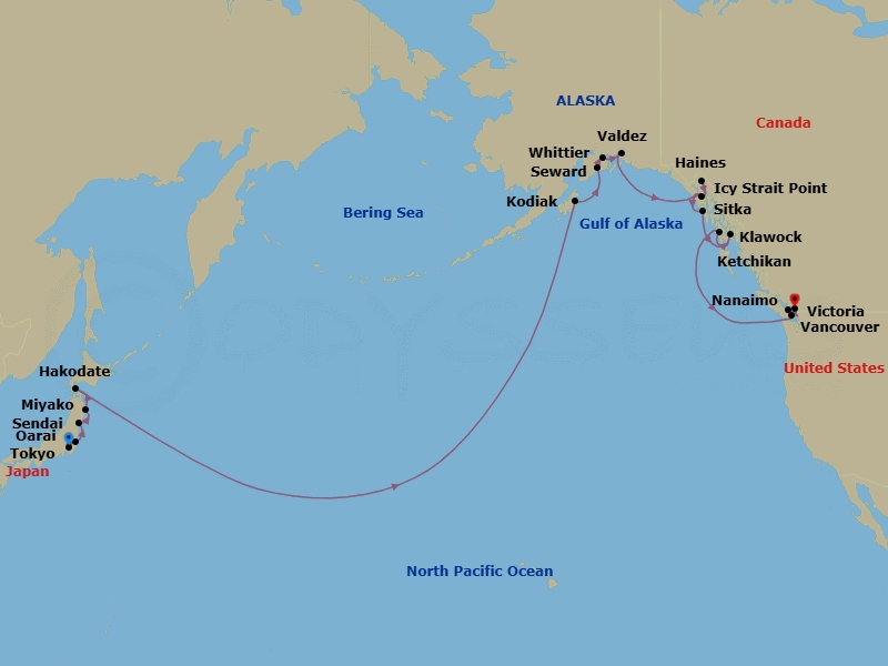 25 Night - Japan & Alaska Transpacific Combination Cruise : Tokyo, Kodiak & Victoria - Azamara Pursuit - Starting in Tokyo, Oarai, Sendai, Miyagi, Miyako, Iwate, Hakodate, Kodiak, Alaska, Seward, Alaska, Whittier, Alaska, Valdez, Alaska, Cruise Hubbard Glacier, Haines, Alaska, Icy Strait Point, Alaska, Sitka, Alaska, Ketchikan, Alaska, Klawock, Alaska, Nanaimo, British Columbia, Victoria CA, Canada, Vancouver, British Columbia itinerary map