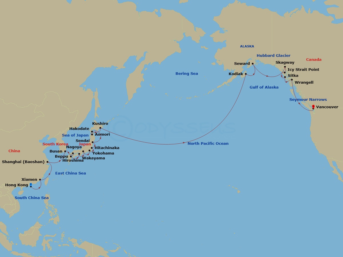 35 Night - Transoceanic - Crystal Serenity - Starting in Hong Kong, Xiamen, Shanghai, Busan, Hiroshima, Beppu (Kyushu Island), Wakayama, Nagoya, Yokohama (Tokyo), Hitachinaka, Sendai, Hakodate (Hokkaido), Aomori, Kushiro, Date Line gain a day, Kodiak Island, Alaska, Seward, Cruise Hubbard Glacier, Alaska, Skagway, Alaska, Icy Strait Point, Alaska, Sitka, Alaska, Wrangell, Seymour Narrows, British Columbia, Vancouver itinerary map