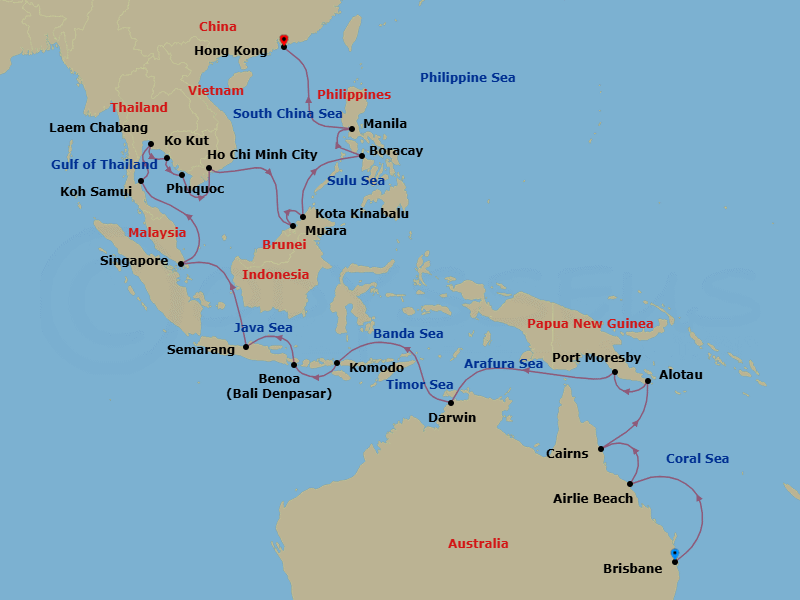 36 Night - Asia and Asia Pacific from Brisbane to Hong Kong - Crystal Serenity - Starting in Brisbane, Airlie Beach, Cairns, Alotau, Port Moresby, Darwin, Komodo Island, Bali, Semarang (Gateway for Borobudur), Singapore, Koh Samui, Laem Chabang, Ko Kut, Phu Quoc, Ho Chi Minh City, Muara, Kota Kinabalu, Boracay, Manila, Hong Kong itinerary map