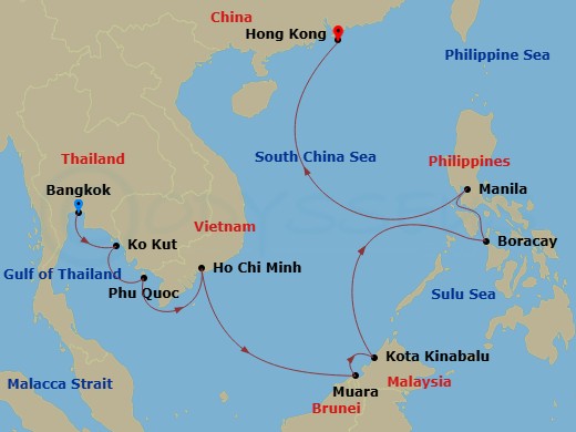 13 Night - Asia and Asia Pacific from Laem Chabang to Hong Kong - Crystal Serenity - Starting in Laem Chabang, Ko Kut, Phu Quoc, Ho Chi Minh City, Muara, Kota Kinabalu, Boracay, Manila, Hong Kong itinerary map