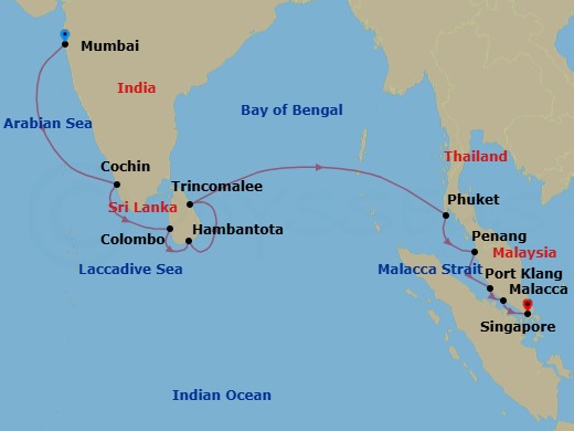 18 Night - Mumbai to Singapore - Silver Muse - Starting in Mumbai, Cochin, Colombo, Hambantota, Trincomalee, Phuket, Penang, George Town, Port Klang (Kuala Lumpur), Malacca, Singapore itinerary map