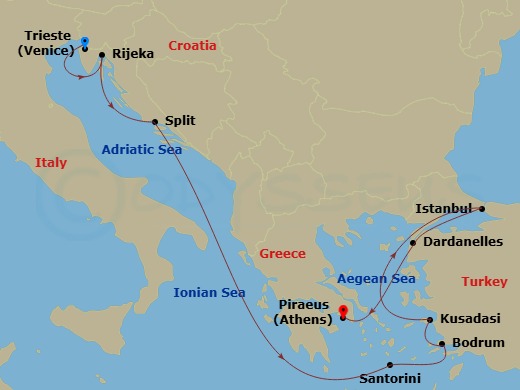 10 Night - Adriatic Allure : Croatia, Greek Isles & Istanbul - Oosterdam - Starting in Trieste (Venice), Italy, Rijeka, Croatia, Split, Croatia, Thira (Santorini), Greece, Bodrum, Turkey, Kusadasi (Ephesus), Turkey, Istanbul, Turkey, Cruising the Dardanelles, Piraeus (Athens), Greece itinerary map