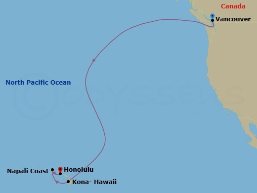 9 Night - Hawaii Cruise - Ovation Of The Seas - Starting in Vancouver, British Columbia, Kailua Kona, Hawaii, Napali Coast (Cruising), Honolulu, Oahu, Hawaii itinerary map