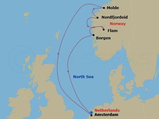 7 Night - Norwegian Fjords - Valiant Lady - Starting in Amsterdam, Netherlands, Molde, Norway, Nordfjordeid, Norway, Flam, Norway, Bergen, Norway, Amsterdam, Netherlands itinerary map