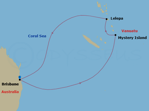 7 Night - Royal Beach Club Lelepa & South Pac - Ovation Of The Seas - Starting in Brisbane, Australia, Mystery Island, Vanuatu, Royal Beach Club Lelepa, Brisbane, Australia itinerary map