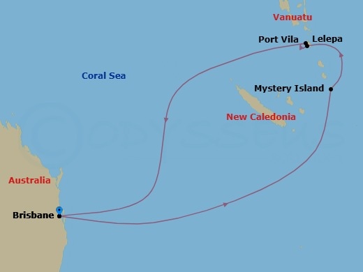 8 Night - Royal Beach Club Lelepa & South Pac - Ovation Of The Seas - Starting in Brisbane, Australia, Mystery Island, Vanuatu, Vila, Vanuatu, Royal Beach Club Lelepa, Brisbane, Australia itinerary map