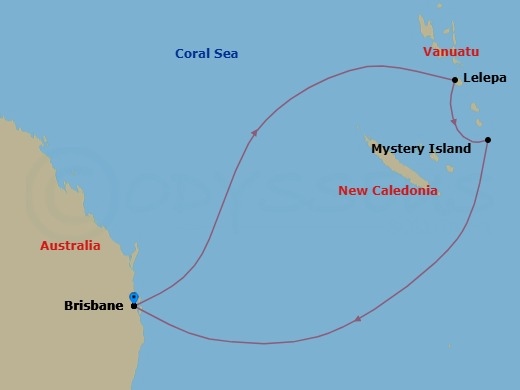 7 Night - Royal Beach Club Lelepa & South Pac - Ovation Of The Seas - Starting in Brisbane, Australia, Royal Beach Club Lelepa, Mystery Island, Vanuatu, Brisbane, Australia itinerary map