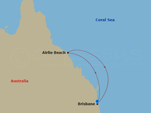 4 Night - Whitsundays Getaway Cruise - Ovation Of The Seas - Starting in Brisbane, Australia, Airlie Beach, Australia, Brisbane, Australia itinerary map