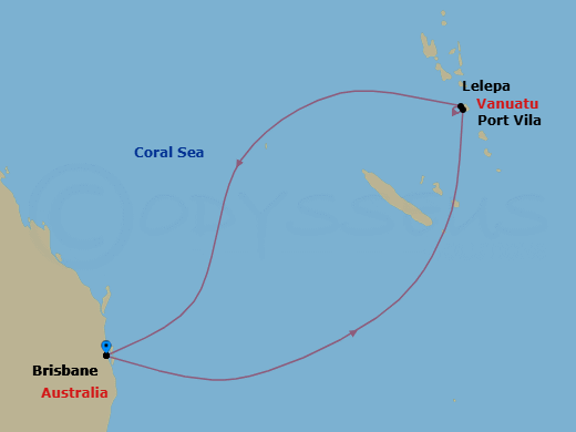 7 Night - Royal Beach Club Lelepa & South Pac - Ovation Of The Seas - Starting in Brisbane, Australia, Vila, Vanuatu, Royal Beach Club Lelepa, Brisbane, Australia itinerary map