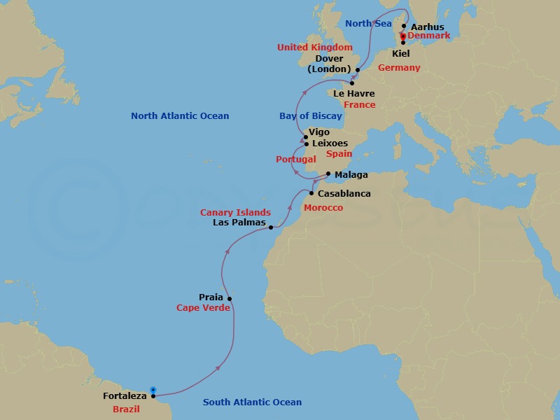 20 Night - Cruise from Fortaleza to Kiel - Costa Diadema - Starting in Fortaleza, Praia, Las Palmas (Gran Canaria), Casablanca, Malaga, Leixoes (Porto), Vigo, Le Havre, Dover UK (London), Aarhus, Kiel itinerary map