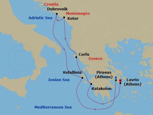 6 Night - Heavenly Greece and Croatia - Celestyal Journey - Starting in Piraeus, Athens, Cephalonia, Dubrovnik, Croatia, Kotor, Kerkira (Corfu), Katakolon, Lavrion, Athens itinerary map