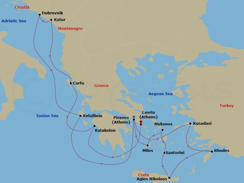 13 Night - Mediterranean Icons (East to West) - Celestyal Journey - Starting in Piraeus, Athens, Kusadasi, Rhodes, Agios Nikolaos, Crete, Santorini, Mykonos, Milos, Piraeus, Athens, Cephalonia, Dubrovnik, Croatia, Kotor, Kerkira (Corfu), Katakolon, Lavrion, Athens itinerary map