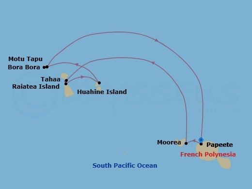 7 Night - Papeete to Papeete - Silver Whisper - Starting in Papeete (Tahiti), Moorea Island, Motu Tahaa, Raiatea, Huahine, Bora Bora (Society Islands), Motu Tapu (Bora Bora), Bora Bora (Society Islands), Papeete (Tahiti) itinerary map